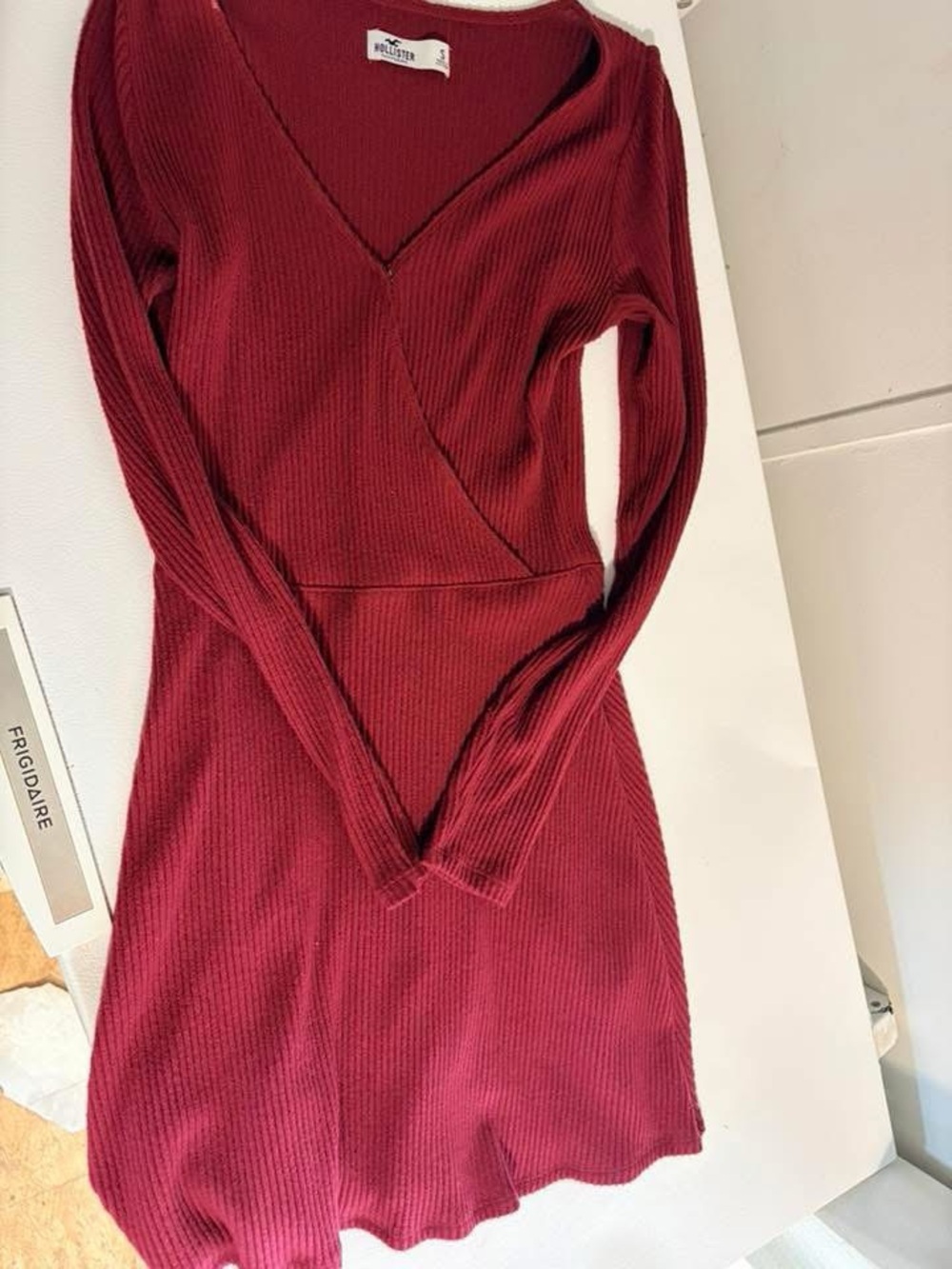 Hollister Ribbed Long-Sleeve Wrap Dress in Wine Red